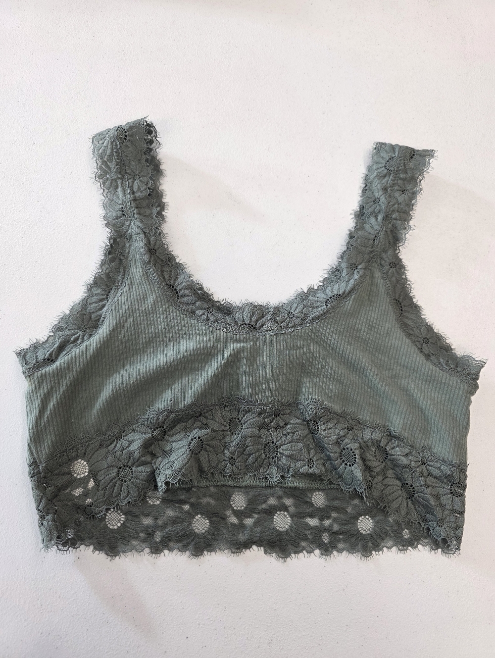 Aerie Lace-Trim Ribbed Bralette in Sage Green - Picture 2 of 12